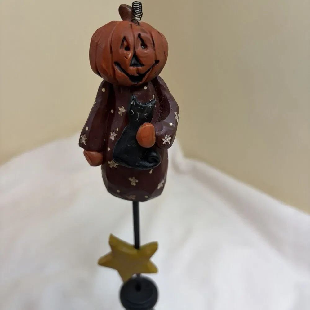 Blossom Bucket Halloween Pumpkin Black Cat Pedestal 13” Suzi Skoglund Folk Art